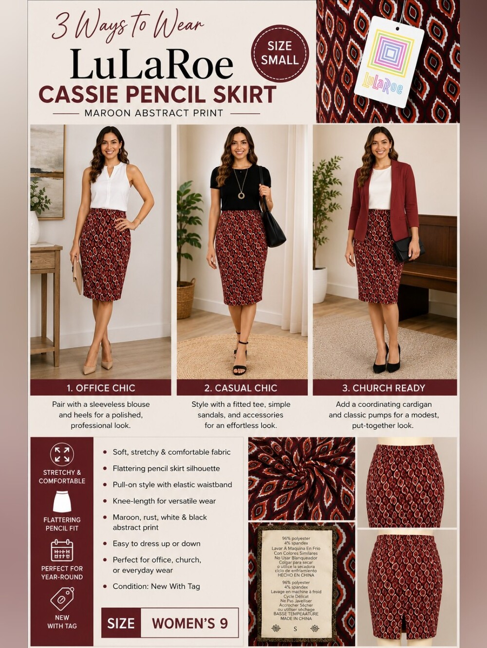 LuLaRoe Cassie Maroon Abstract Pencil Skirt Small, NWT